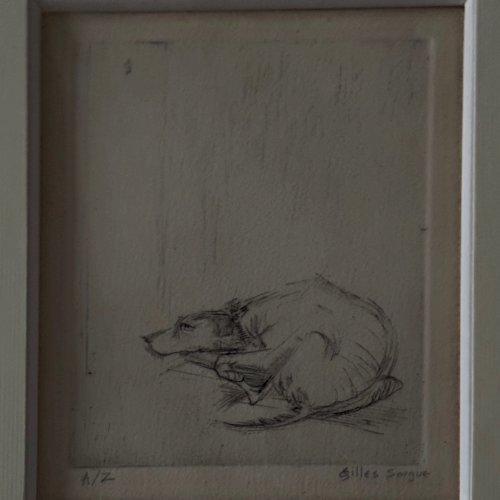 Gravure triptyque représentant un chien par Gilles Sorgue XXe A5718