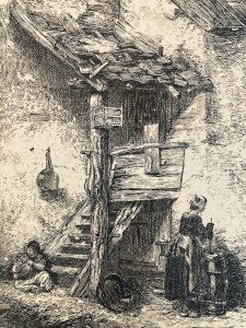 19th Century Engraving Charles Emile Jacques Engraving Butter Churn Landscape