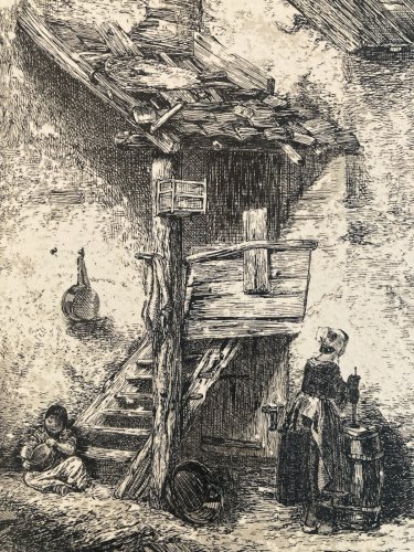 Gravure XIXe Charles Emile Jacques Engraving Beurre Baratte Paysage