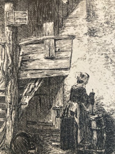 Gravure XIXe Charles Emile Jacques Engraving Beurre Baratte Paysage