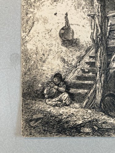 Gravure XIXe Charles Emile Jacques Engraving Beurre Baratte Paysage