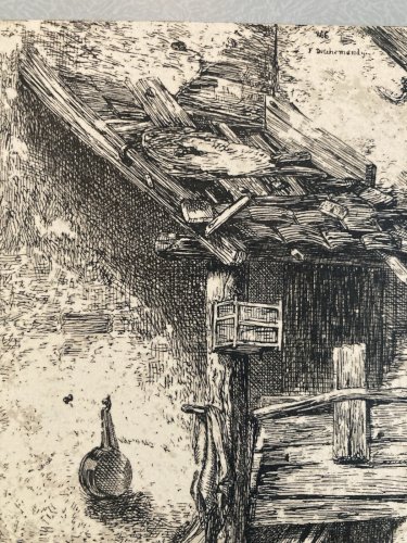Gravure XIXe Charles Emile Jacques Engraving Beurre Baratte Paysage