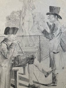 Gravure XIXe  Homme Discussion Statue a identifier Art Ancien