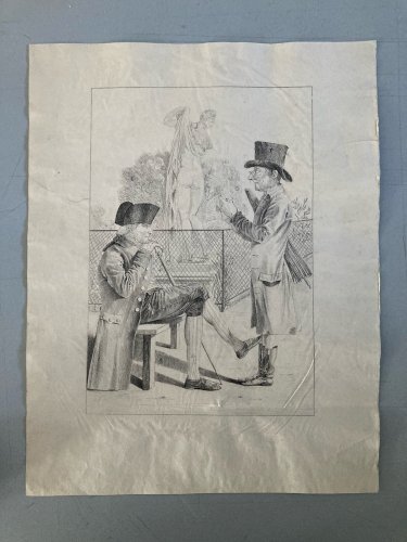 Gravure XIXe  Homme Discussion Statue a identifier Art Ancien
