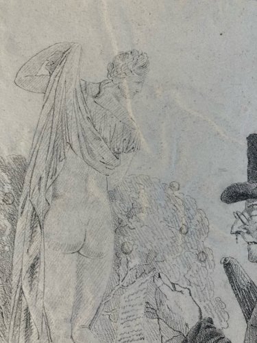 Gravure XIXe  Homme Discussion Statue a identifier Art Ancien