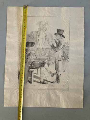Gravure XIXe  Homme Discussion Statue a identifier Art Ancien