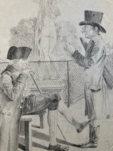 Gravure XIXe  Homme Discussion Statue a identifier Art Ancien