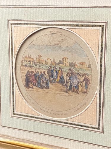 Gravure XIXe Paris en 1650 La Seine et Notre-Dame G. Schlumberger G. Perrelle