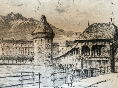 Gravure XIXe  Ville Luzerne Suisse  Art Ancien Lac A Identifier