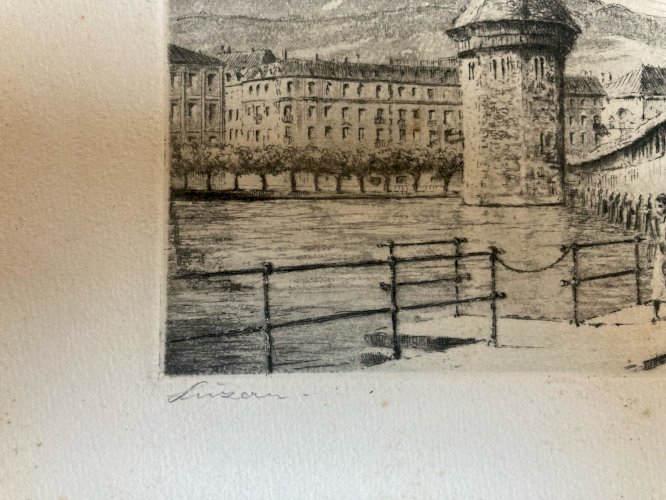 Gravure XIXe  Ville Luzerne Suisse  Art Ancien Lac A Identifier