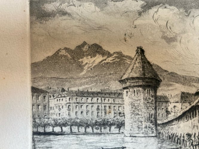 Gravure XIXe  Ville Luzerne Suisse  Art Ancien Lac A Identifier