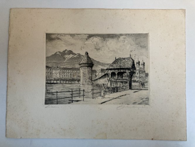 Gravure XIXe  Ville Luzerne Suisse  Art Ancien Lac A Identifier