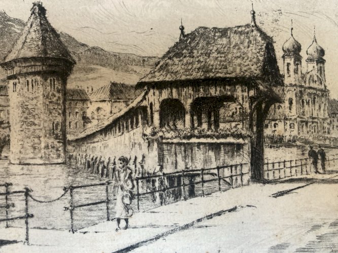 Gravure XIXe  Ville Luzerne Suisse  Art Ancien Lac A Identifier