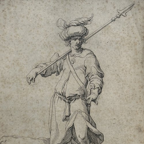 Gravure XVIe par Abraham Bloemaert (1564-1651) représentant un soldat L1039
