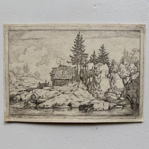 Gravure XVIIe Les Deux Pins près des Chaumières par Allart van Everdingen A5864