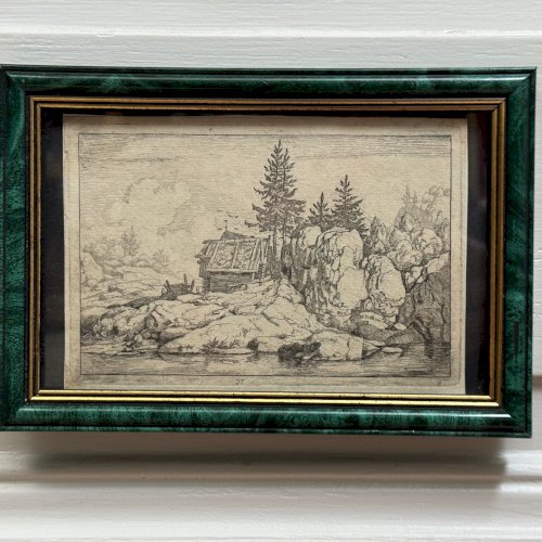Gravure XVIIe Les Deux Pins près des Chaumières par Allart van Everdingen A5864