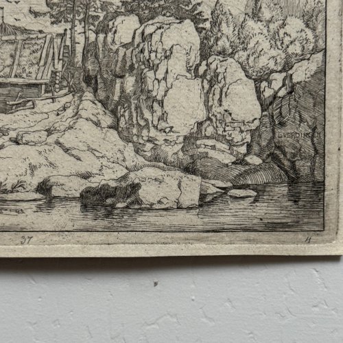 Gravure XVIIe Les Deux Pins près des Chaumières par Allart van Everdingen A5864