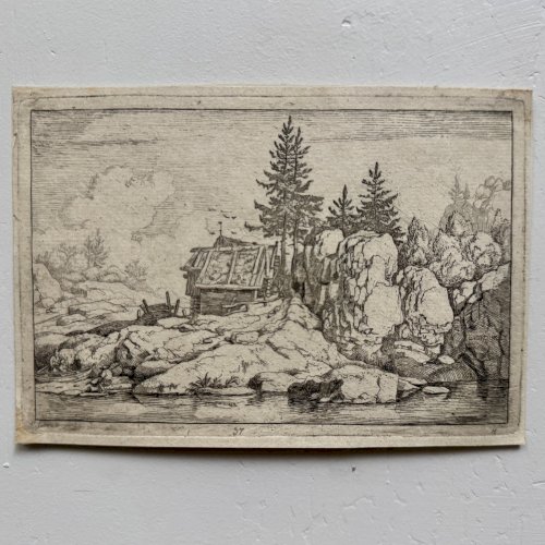Gravure XVIIe Les Deux Pins près des Chaumières par Allart van Everdingen A5864