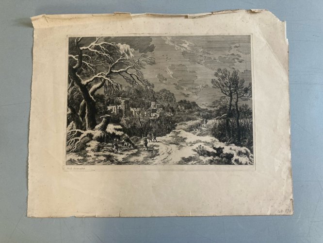 Gravure  XVIIe Nicolas PERELLE Ancien 1700 Art Estampe Paysage Hiver Bois Arbre