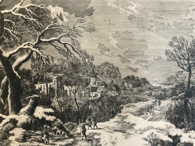 Gravure  XVIIe Nicolas PERELLE Ancien 1700 Art Estampe Paysage Hiver Bois Arbre