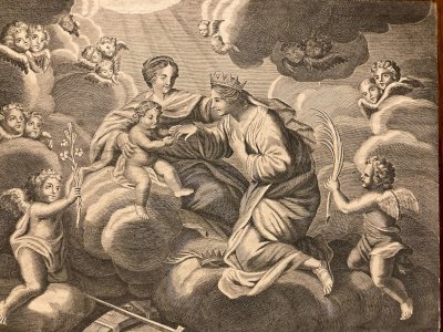 17th Century Engraving Saint Catherine of Alexandria 1700 Angel Putti Jesus Christian Art