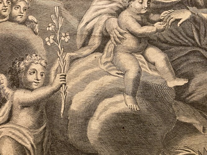 Gravure XVIIe  Sainte Catherine d'Alexandrie 1700 Ange Putti Jesus Christen Art