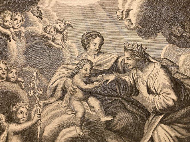 Gravure XVIIe  Sainte Catherine d'Alexandrie 1700 Ange Putti Jesus Christen Art