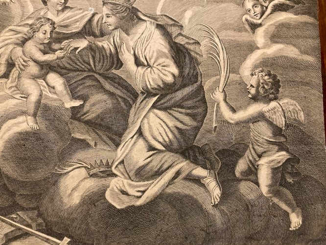 Gravure XVIIe  Sainte Catherine d'Alexandrie 1700 Ange Putti Jesus Christen Art