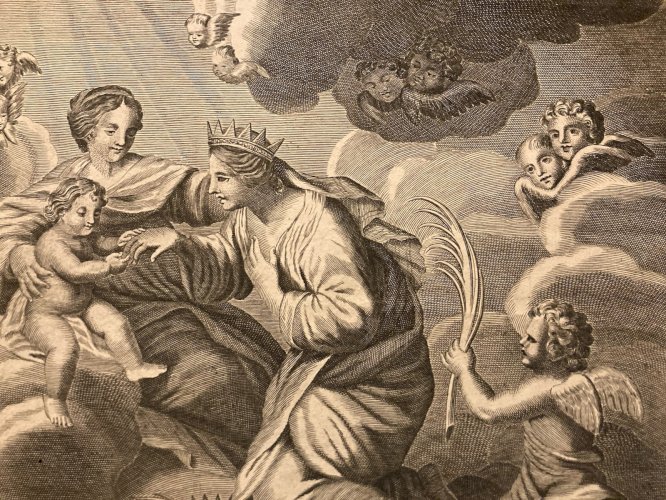 Gravure XVIIe  Sainte Catherine d'Alexandrie 1700 Ange Putti Jesus Christen Art