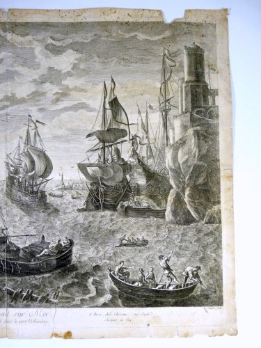 Gravure XVIII° MARINE burin sur vergé d'après Claude Lorin BATEAUX HOLLANDE