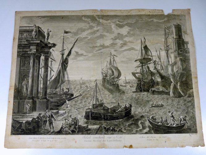 Gravure XVIII° MARINE burin sur vergé d'après Claude Lorin BATEAUX HOLLANDE