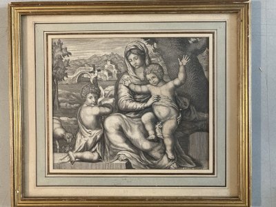18th Century Engraving Holy Virgin Mary Jesus Christ Saint John the Baptist