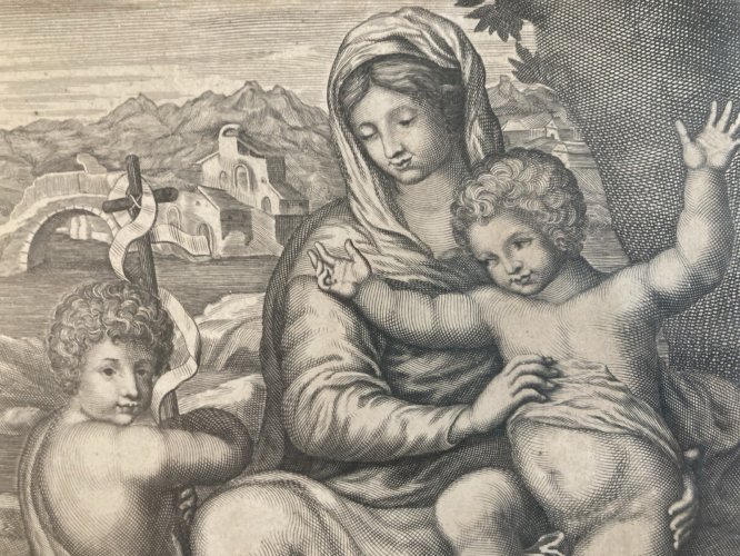 Gravure XVIII Sainte Vierge Marie  Jesus Christ Saint Jean Baptiste Etching Old