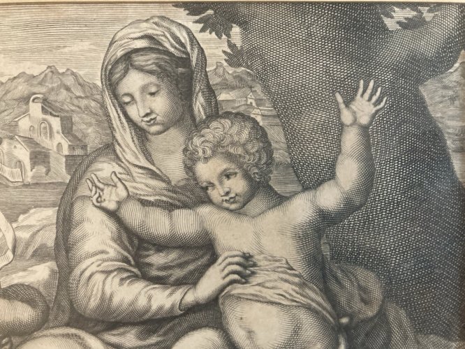 Gravure XVIII Sainte Vierge Marie  Jesus Christ Saint Jean Baptiste Etching Old