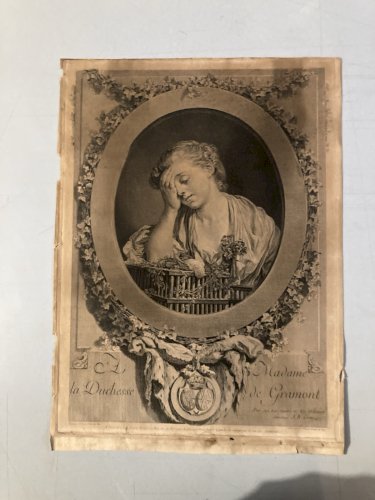 Gravure XVIIIE  Antique Femme Oiseau Mort Greuze Portrait Jean-Jacques Flipart