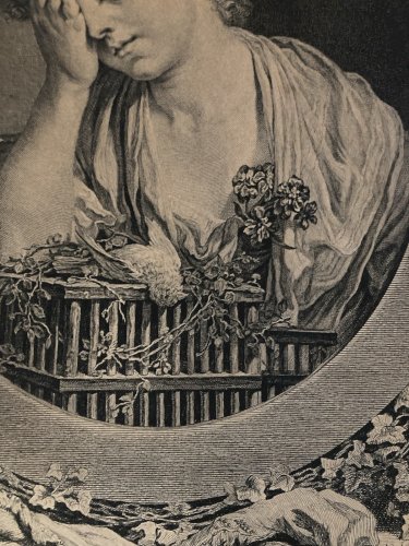 Gravure XVIIIE  Antique Femme Oiseau Mort Greuze Portrait Jean-Jacques Flipart