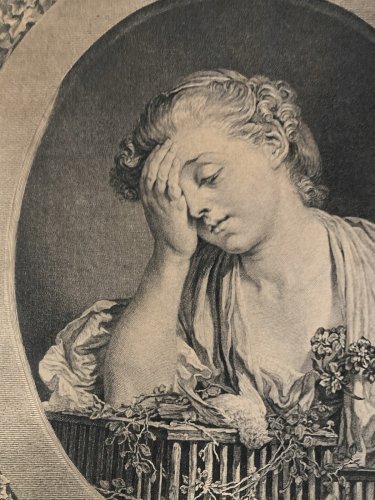 Gravure XVIIIE  Antique Femme Oiseau Mort Greuze Portrait Jean-Jacques Flipart
