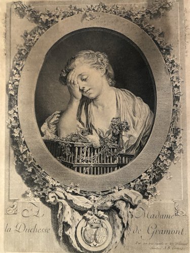 Gravure XVIIIE  Antique Femme Oiseau Mort Greuze Portrait Jean-Jacques Flipart