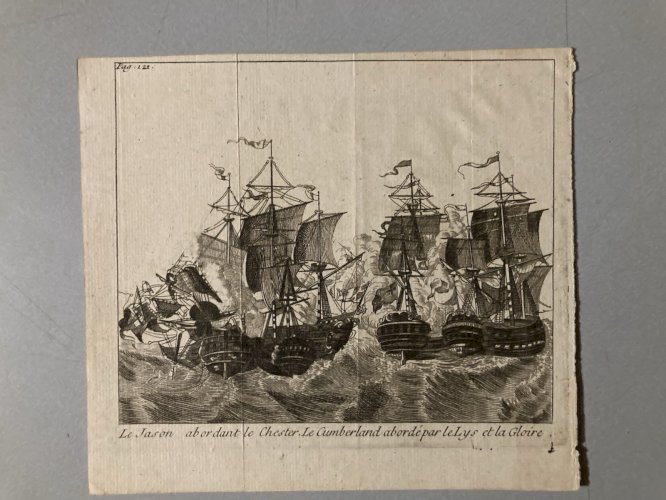 Gravure XVIIIe  Jason Abordant Le Chester Le Cumberland Marine Navire LYS