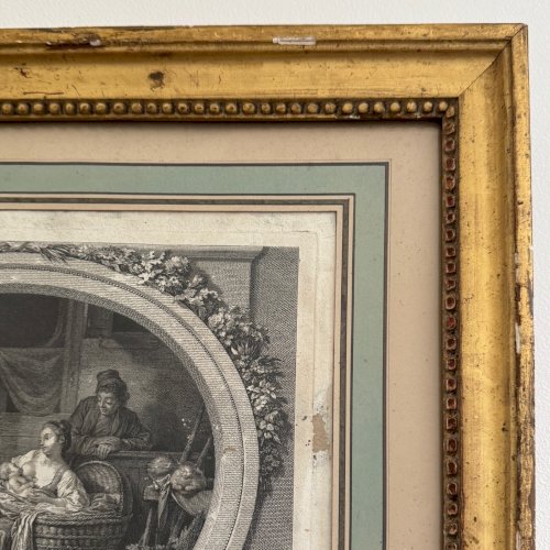 Gravure XVIIIe Le Bonheur du Ménage d'après de Launay cadre perlé A5691