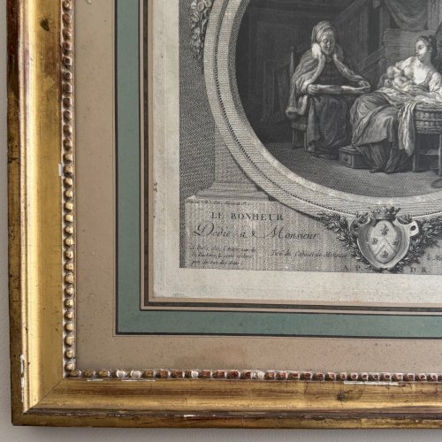 Gravure XVIIIe Le Bonheur du Ménage d'après de Launay cadre perlé A5691