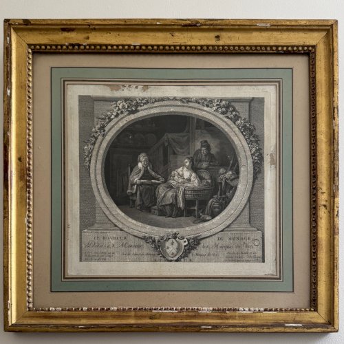 Gravure XVIIIe Le Bonheur du Ménage d'après de Launay cadre perlé A5691