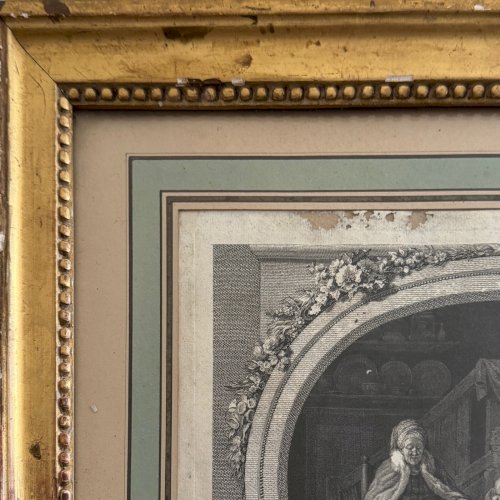 Gravure XVIIIe Le Bonheur du Ménage d'après de Launay cadre perlé A5691