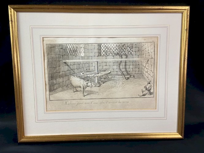 Gravure XVIIIe Scène d'ingénierie hydraulique en Egypte Nubie F.L. Norden 1757