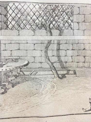 Gravure XVIIIe Scène d'ingénierie hydraulique en Egypte Nubie F.L. Norden 1757