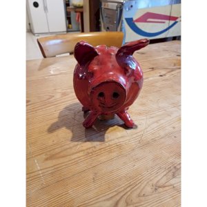 Grés émaillé Rouge Vintage  Cochon tirelire 