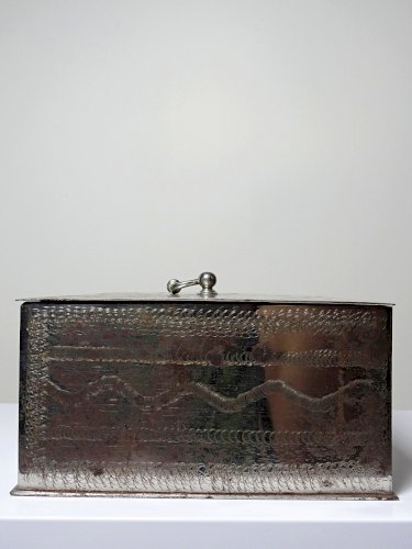 Gros coffre fort portable/caisse ancienne XIXe-XXe métal argenté