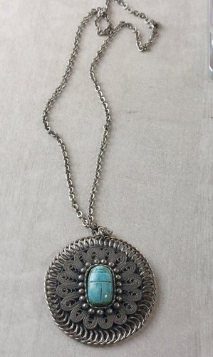 Gros collier + pendentif, scarabée d'Egypte, en métal argenté