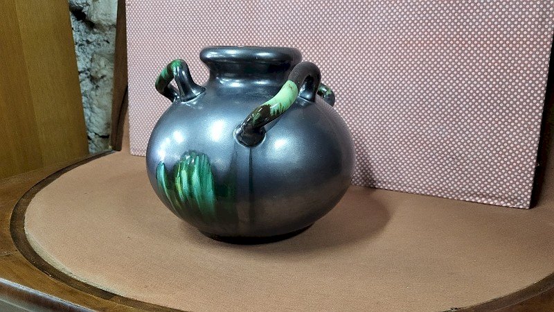 GROS VASE ART DECO NOIR VERT A 3 ANSES