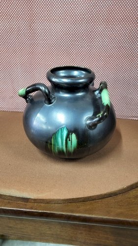 GROS VASE ART DECO NOIR VERT A 3 ANSES